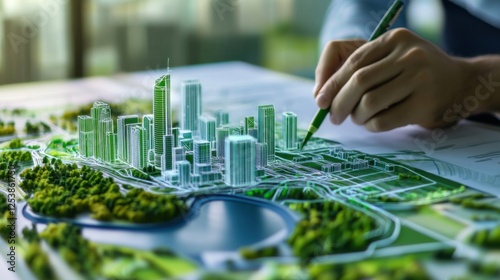 A serene shot of an architect sketching plans for a futuristic city district with smart technologies and green infrastructure, Futuristic city planning scene, Urban innovation style