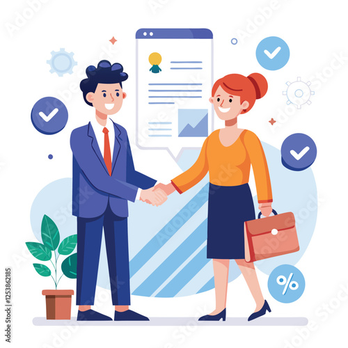 People shaking hands at work - Two businesspeople, man and woman doing handshake in office at work while smiling over business agreement and deal. Flat design stock illustration on white background
