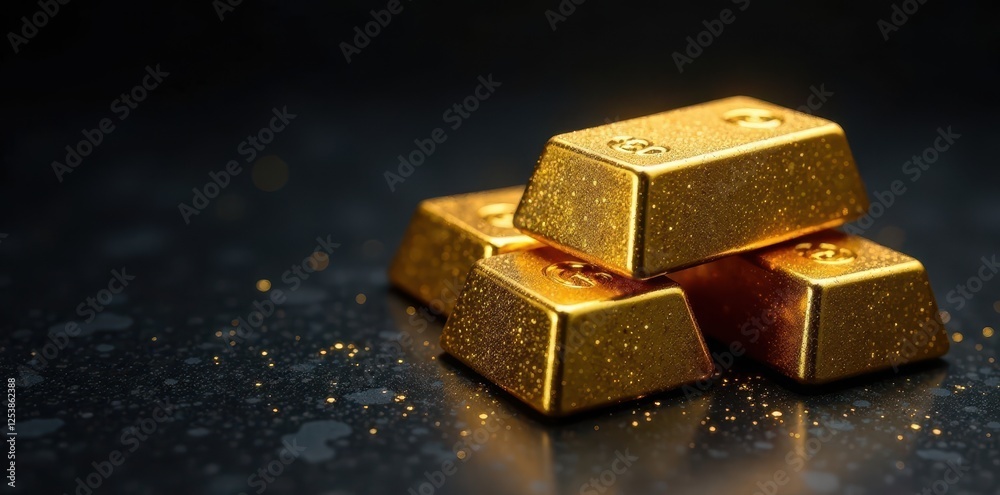 Glittering gold bars stacked horizontally on a dark sleek background, texture, background, dark Glittering gold bars stacked horizontally on a dark sleek background, texture, background, dark