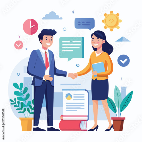 People shaking hands at work - Two businesspeople, man and woman doing handshake in office at work while smiling over business agreement and deal. Flat design stock illustration on white background