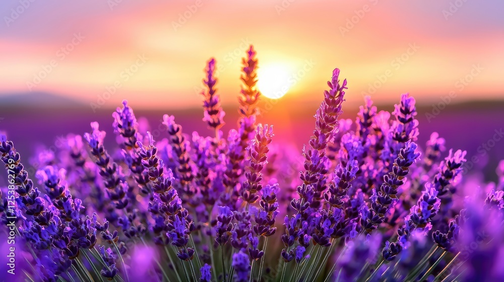 Fototapeta premium Lavender field at sunset, vibrant colors, beautiful flowers. Possible use nature, travel, social media