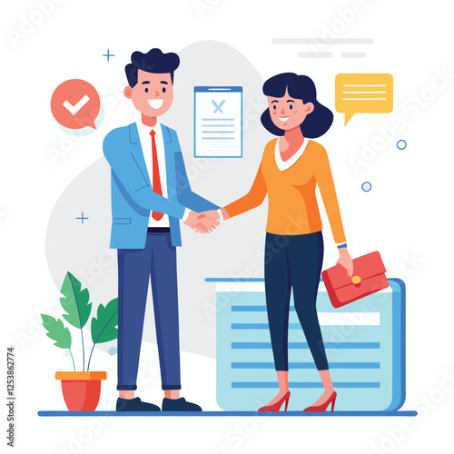 People shaking hands at work - Two businesspeople, man and woman doing handshake in office at work while smiling over business agreement and deal. Flat design stock illustration on white background