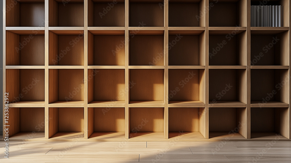 beige wooden bookshelf with multiple compartments