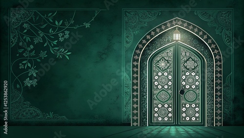 A dark green Islamic archway with intricate floral and geometric carvings, glowing softly.