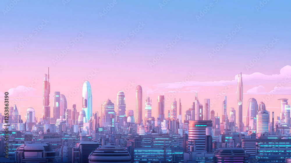 Fototapeta premium Pastel Futuristic Cityscape At Sunrise