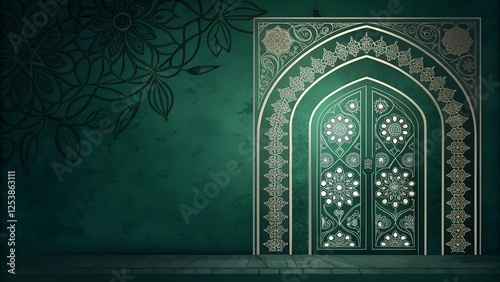A dark green Islamic archway with intricate floral and geometric carvings, glowing softly.