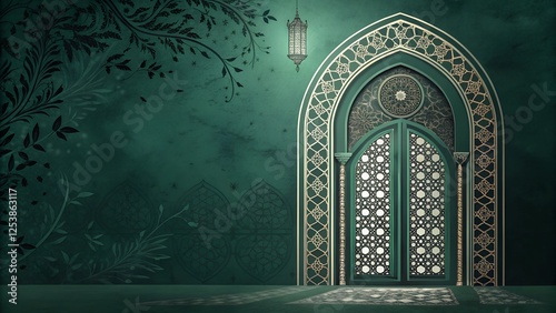 A dark green Islamic archway with intricate floral and geometric carvings, glowing softly.