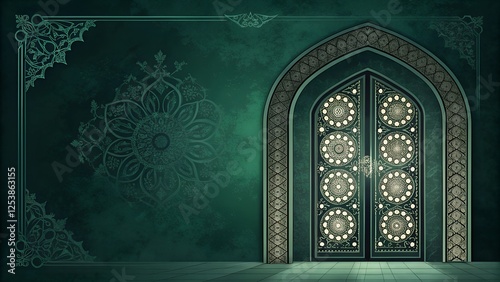 A dark green Islamic archway with intricate floral and geometric carvings, glowing softly.