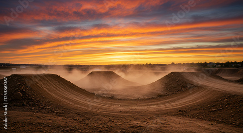 A rugged motocross dirt track with steep jumps and tight corners under a vibrant sunset sky.