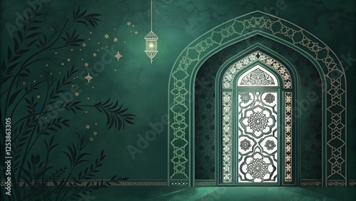 A dark green Islamic archway with intricate floral and geometric carvings, glowing softly.