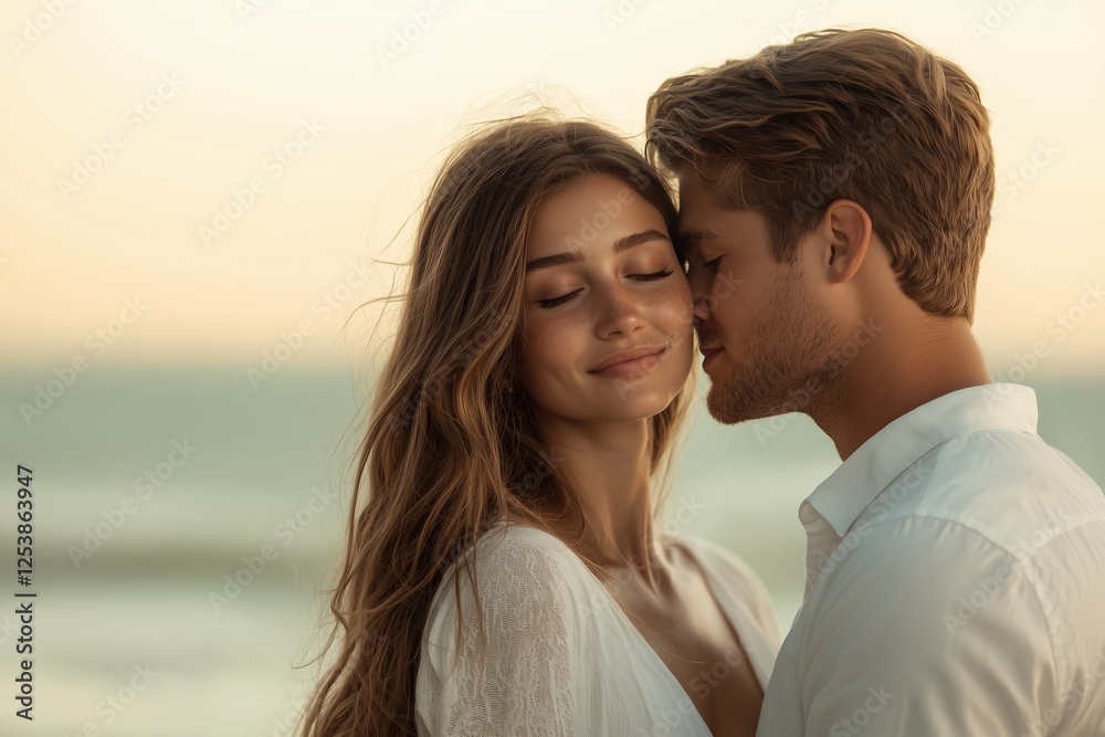 A young couple embracing on the beach during sunset, sharing a tender moment. A young couple embracing on the beach during sunset, sharing a tender moment.