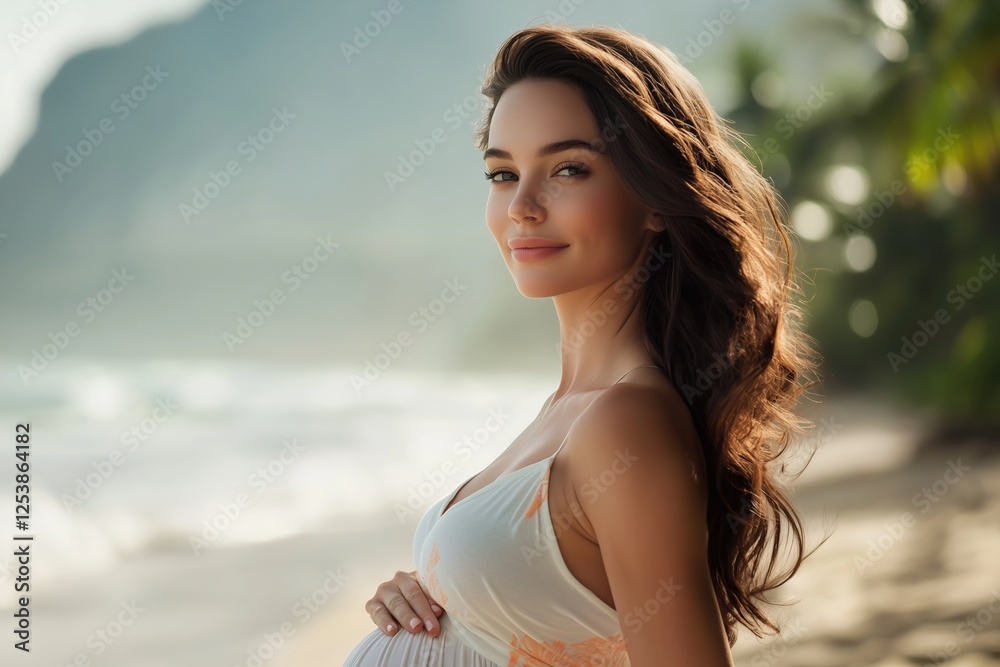A beautiful pregnant woman smiling while standing on the beach with a serene background. A beautiful pregnant woman smiling while standing on the beach with a serene background.