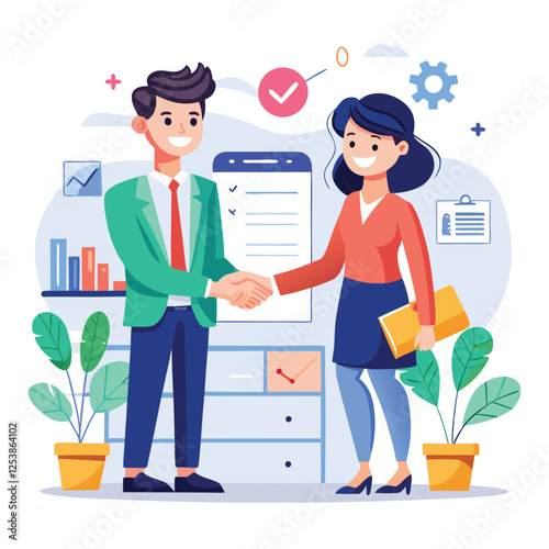 People shaking hands at work - Two businesspeople, man and woman doing handshake in office at work while smiling over business agreement and deal. Flat design stock illustration on white background