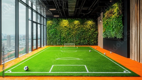 Indoor soccer field with artificial grass and greenery in a modern office setting.