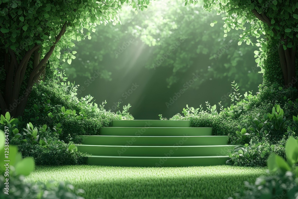 Fototapeta premium Serene Green Steps Leading into a Lush Forest