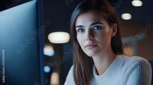 Confident Young Businesswoman Working on Desktop Computer, Modern Office, Successful Entrepreneur, Technology, Innovation, Future of Business, Digital photo