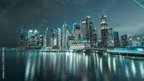 Smart digital city skyline concept. Communication network. Artificial Intelligence technology, 5g networks