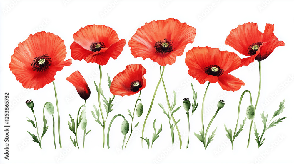Fototapeta premium Vibrant red poppies illustration in watercolor style, isolated on a white background
