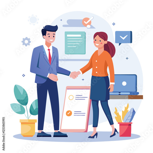 People shaking hands at work - Two businesspeople, man and woman doing handshake in office at work while smiling over business agreement and deal. Flat design stock illustration on white background
