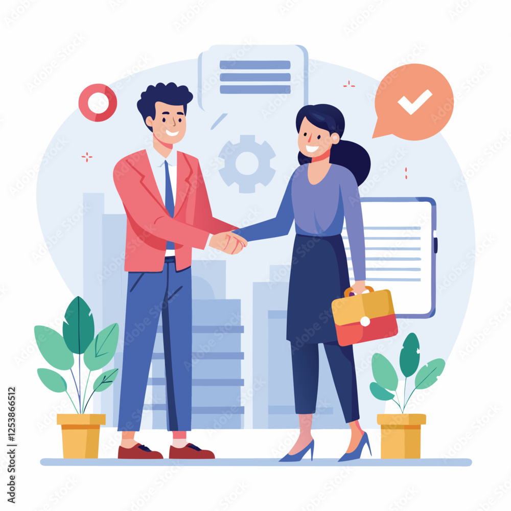 Obraz premium People shaking hands at work - Two businesspeople, man and woman doing handshake in office at work while smiling over business agreement and deal. Flat design stock illustration on white background