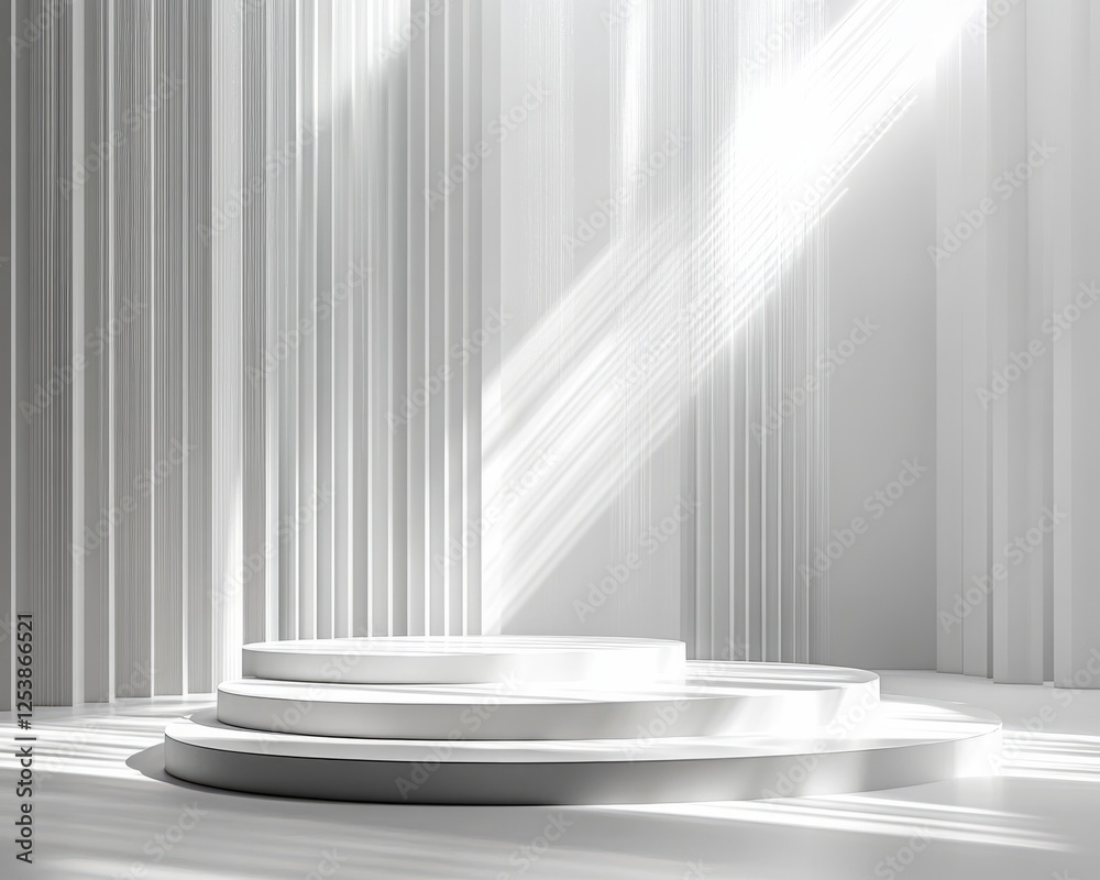 Obraz premium White podium surrounded by cascading light rays in a pure white room