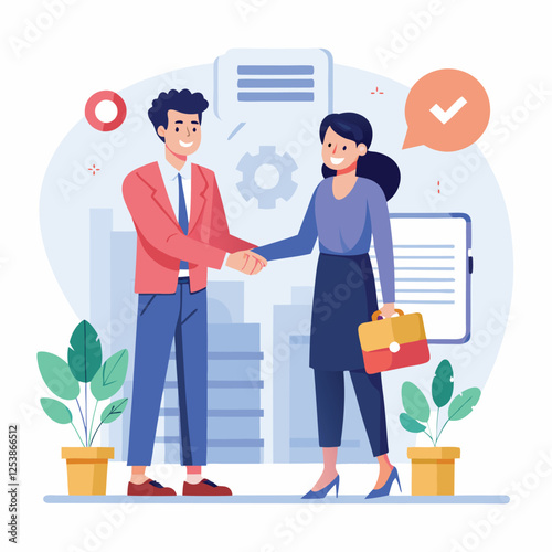 People shaking hands at work - Two businesspeople, man and woman doing handshake in office at work while smiling over business agreement and deal. Flat design stock illustration on white background