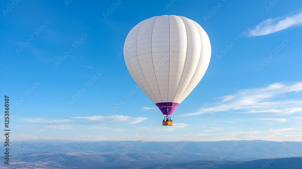 Fototapeta premium White hot air balloon floats high in the blue sky over a scenic mountain landscape during a sunny day.