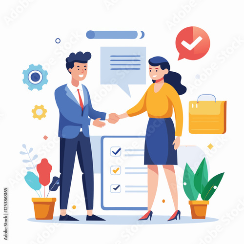 People shaking hands at work - Two businesspeople, man and woman doing handshake in office at work while smiling over business agreement and deal. Flat design stock illustration on white background