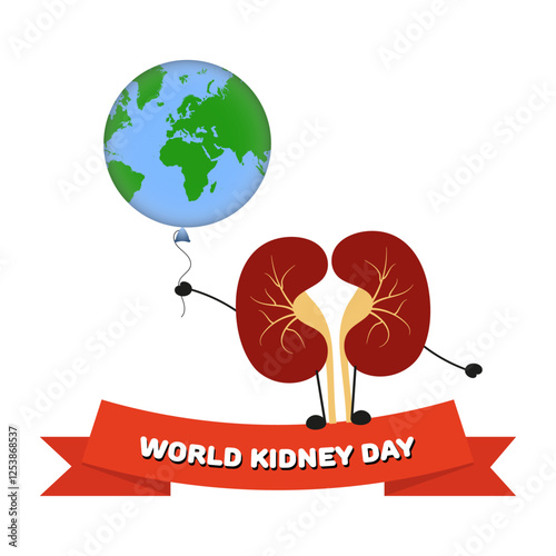 World Kidney Day awareness. Kidney cartoon holding world air ballon in the hand 