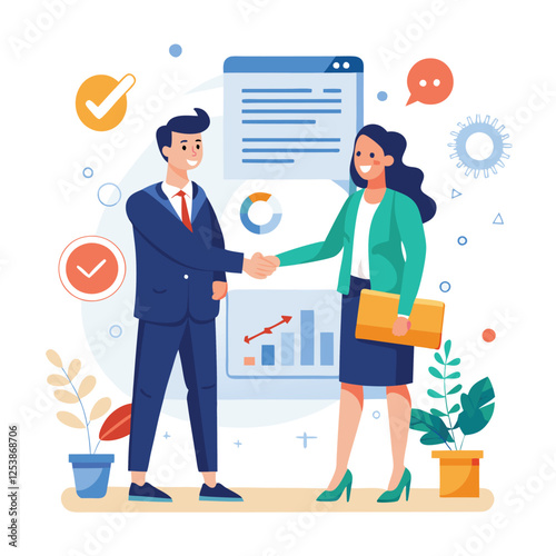 People shaking hands at work - Two businesspeople, man and woman doing handshake in office at work while smiling over business agreement and deal. Flat design stock illustration on white background