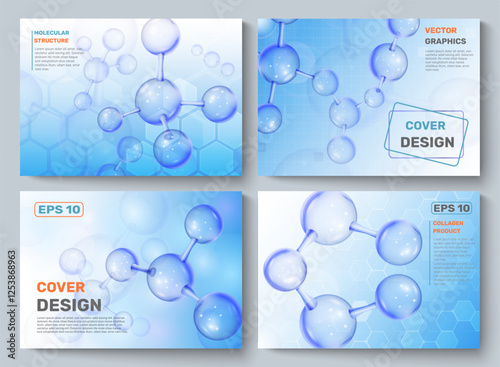 Chemical molecules. Scientific research. Chemistry laboratory experiment banner. Atom spheres. Molecular formula. Science cover. Chemistry or medicine education. Vector backgrounds set