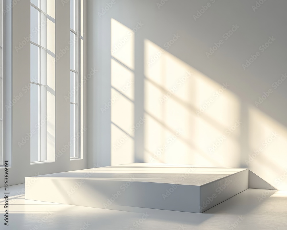 Rectangular white podium in a white room with soft spotlight shining on it Rectangular white podium in a white room with soft spotlight shining on it