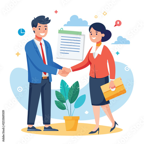 People shaking hands at work - Two businesspeople, man and woman doing handshake in office at work while smiling over business agreement and deal. Flat design stock illustration on white background