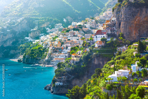 Obraz na płótnie Morning view of Positano cityscape on coast line of mediterranean sea, Italy
w salonie