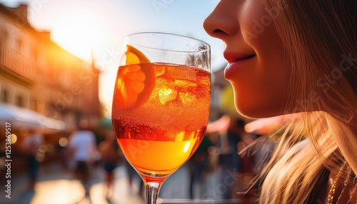 Vibrant orange Aperol Spritz glass tilts gracefully toward sipping lips, capturing the essence of summer and friendship during a vibrant sunset gathering