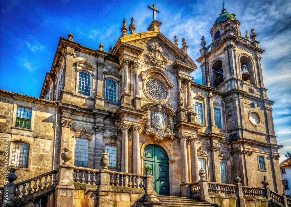 Fototapeta premium Porto's São Francisco Church: a religious building's aged stone facade, captured in a detailed portrait. Historic architecture at its finest.