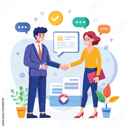 People shaking hands at work - Two businesspeople, man and woman doing handshake in office at work while smiling over business agreement and deal. Flat design stock illustration on white background