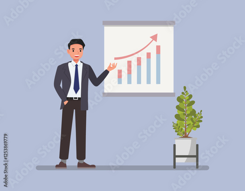 Businessman in a suit, confidently giving a presentation to an audience, with a digital projector showing a graph character vector illustration design.
