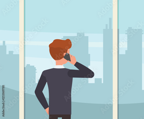 Businessman making a phone call while standing near a window with a view of the city character vector illustration design.