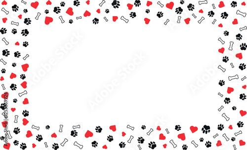 Rectangular frame with pet paw prints and bone and red heart with blank space for text. Black silhouette track of dog or cat paw prints Pet paw prints frame for decorating shop windows, Vector