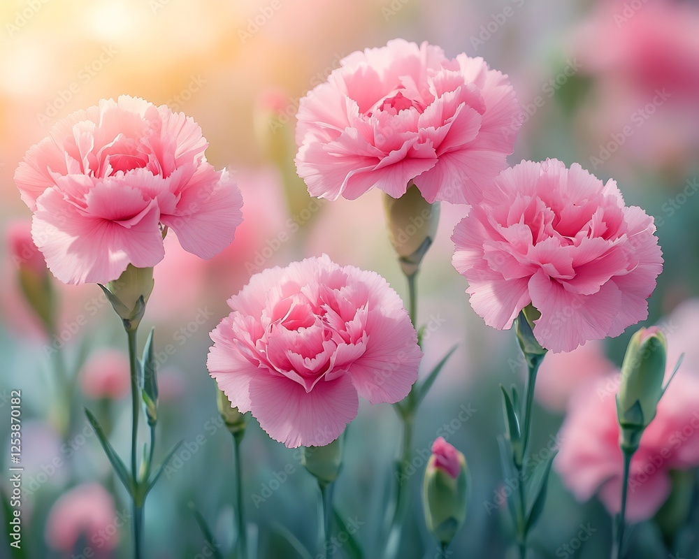 Closeup of blooming pink carnation flower lush green garden bright natural light Closeup of blooming pink carnation flower lush green garden bright natural light