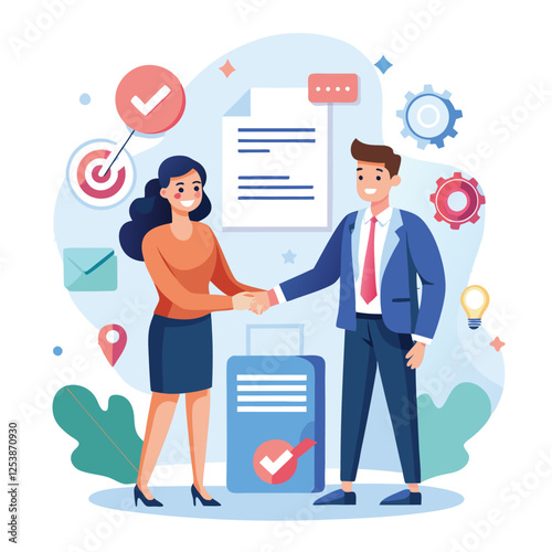 People shaking hands at work - Two businesspeople, man and woman doing handshake in office at work while smiling over business agreement and deal. Flat design stock illustration on white background