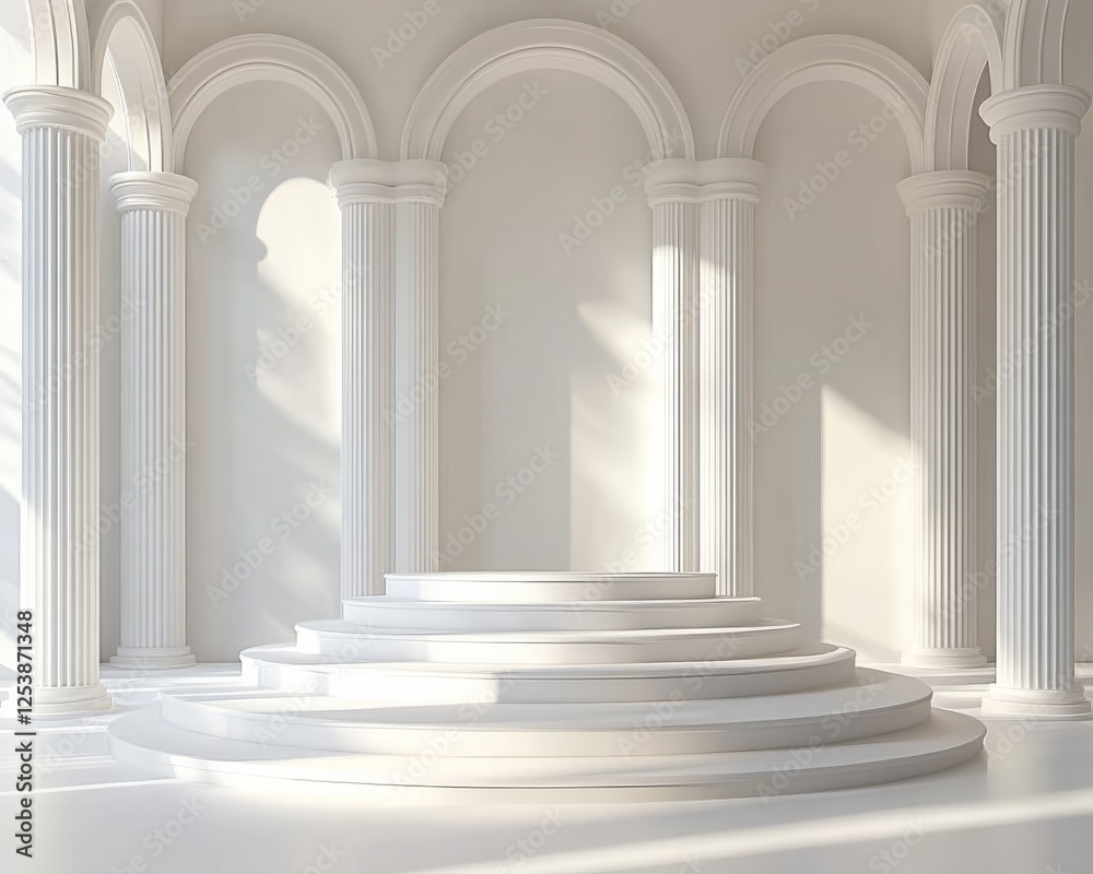 Single-tiered white podium in a white cube room, perfect symmetry Single-tiered white podium in a white cube room, perfect symmetry