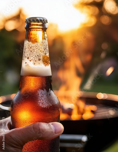 A refreshing cold beer bottle is held up, droplets of condensation glistening on its surface. The warm sunlight shines through, enhancing the cheerful atmosphere of a backyard barbecue with friends