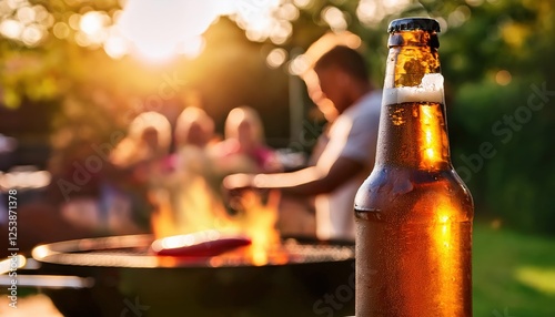 A cold beer shines with condensation, lifted in celebration as friends gather around a barbecue, enjoying the warmth of a sunny evening and moments of relaxation photo