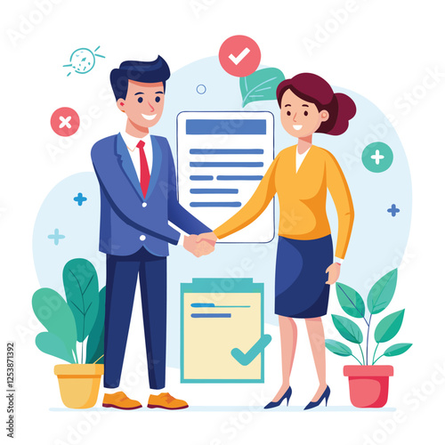 People shaking hands at work - Two businesspeople, man and woman doing handshake in office at work while smiling over business agreement and deal. Flat design stock illustration on white background