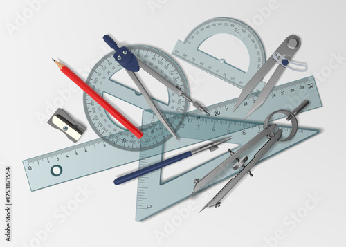 Architecture tools. Architect drafting stationery top view. Interior or engineer drawing on paper. Realistic protractor. Rulers and compass. Measuring length. Vector school accessories set