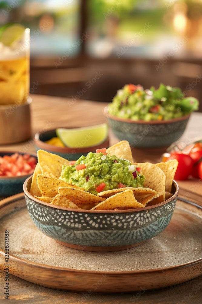 Tortilla chips and dip. Bowl of crunchy tortilla chips and fresh dip. Tortilla chips and dip. Bowl of crunchy tortilla chips and fresh dip.