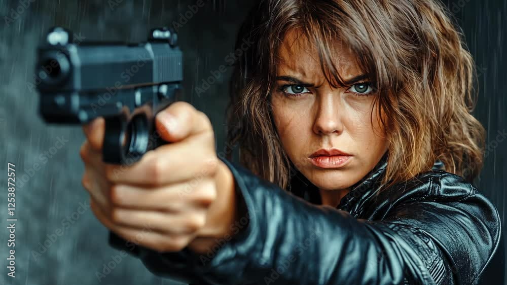 Intense moment of a determined woman aiming a gun in a dramatic setting during a rainstorm Intense moment of a determined woman aiming a gun in a dramatic setting during a rainstorm