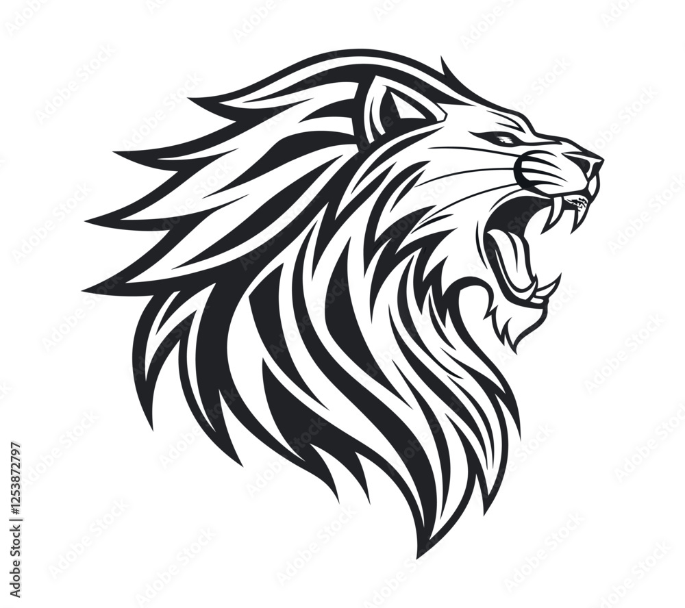 A high-contrast black and white vector illustration of a roaring lion's head, A high-contrast black and white vector illustration of a roaring lion's head,